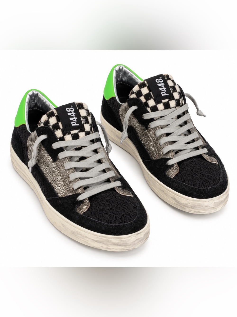 P448 John Sneakers 9.5 women / 8 men Neon Green, Checkered Tongue
